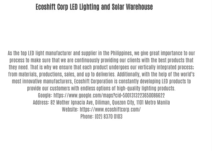 ecoshift corp led lighting and solar warehouse