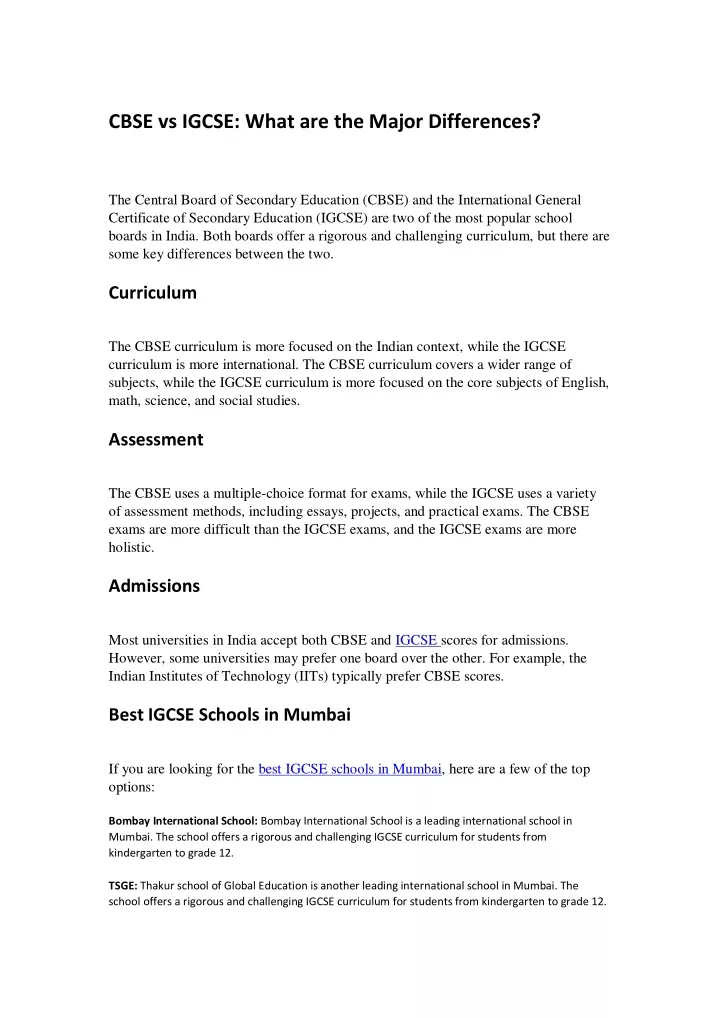 cbse vs igcse what are the major differences