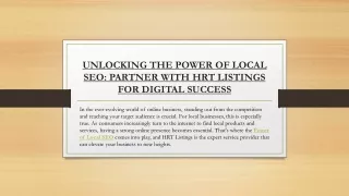 UNLOCKING THE POWER OF LOCAL SEO: PARTNER WITH HRT LISTINGS FOR DIGITAL SUCCESS