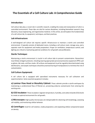 The Essentials of a Cell Culture Lab