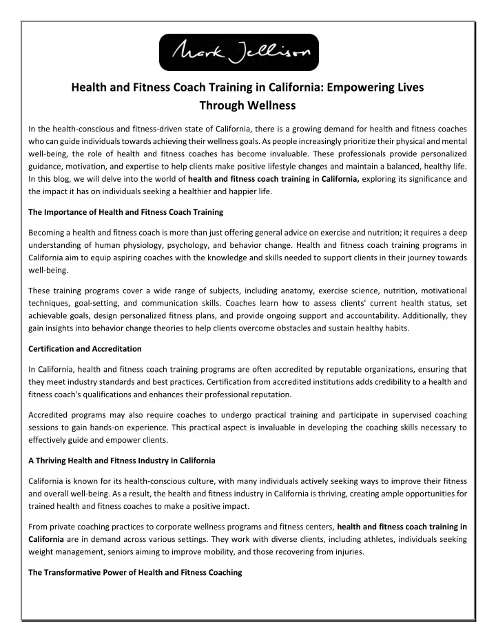 health and fitness coach training in california