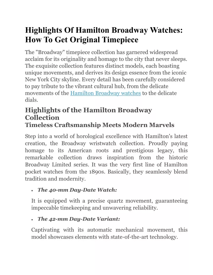 highlights of hamilton broadway watches