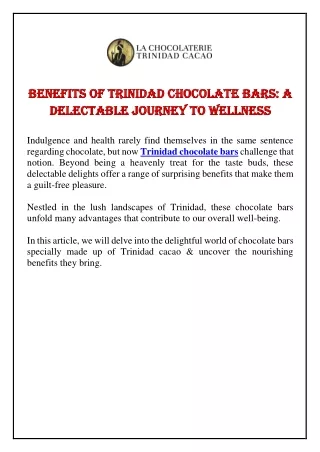 Benefits of Trinidad Chocolate Bars: A Delectable Journey to Wellness