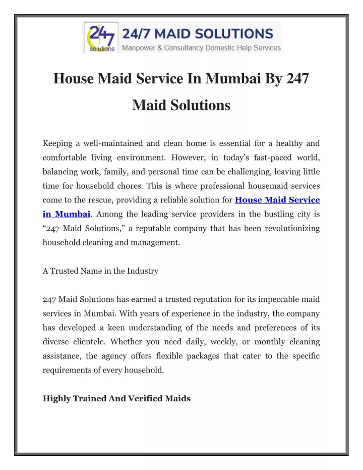 house maid service in mumbai by 247