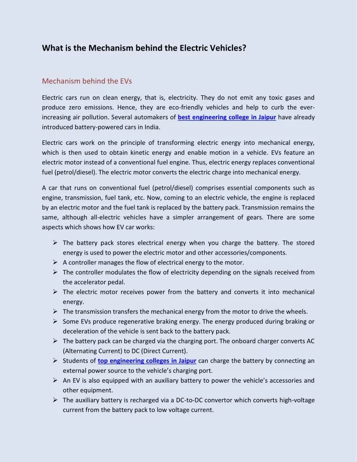 what is the mechanism behind the electric vehicles