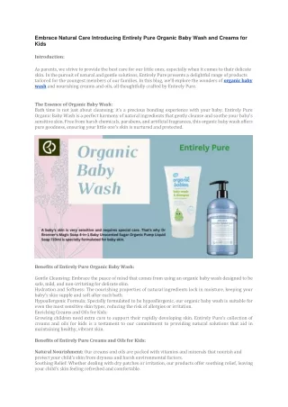 Embrace Natural Care Introducing Entirely Pure Organic Baby Wash and Creams for Kids