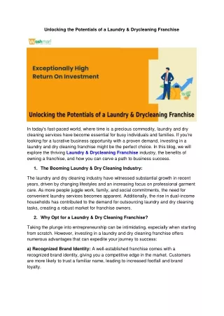 Unlocking the Potentials of a Laundry & Drycleaning Franchise