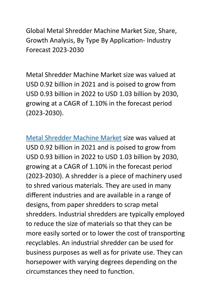global metal shredder machine market size share