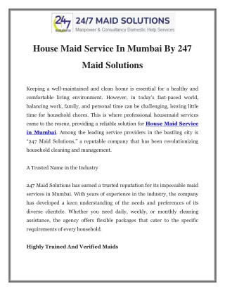 House Maid Service in Mumbai Call-8291138009