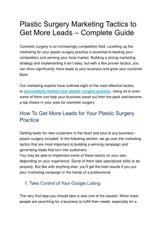 Plastic Surgery Marketing Tactics To Get More Leads – Complete Guide