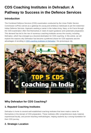 CDS Coaching Institutes in Dehradun A Pathway to Success in the Defence Services