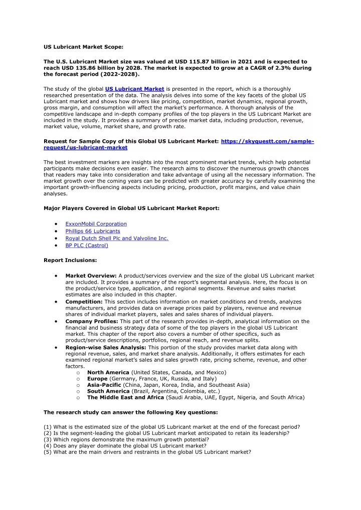 us lubricant market scope