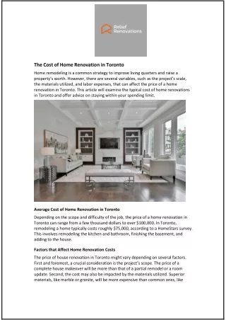 The Cost of Home Renovation in Toronto