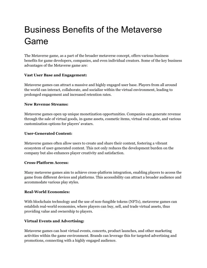 business benefits of the metaverse game