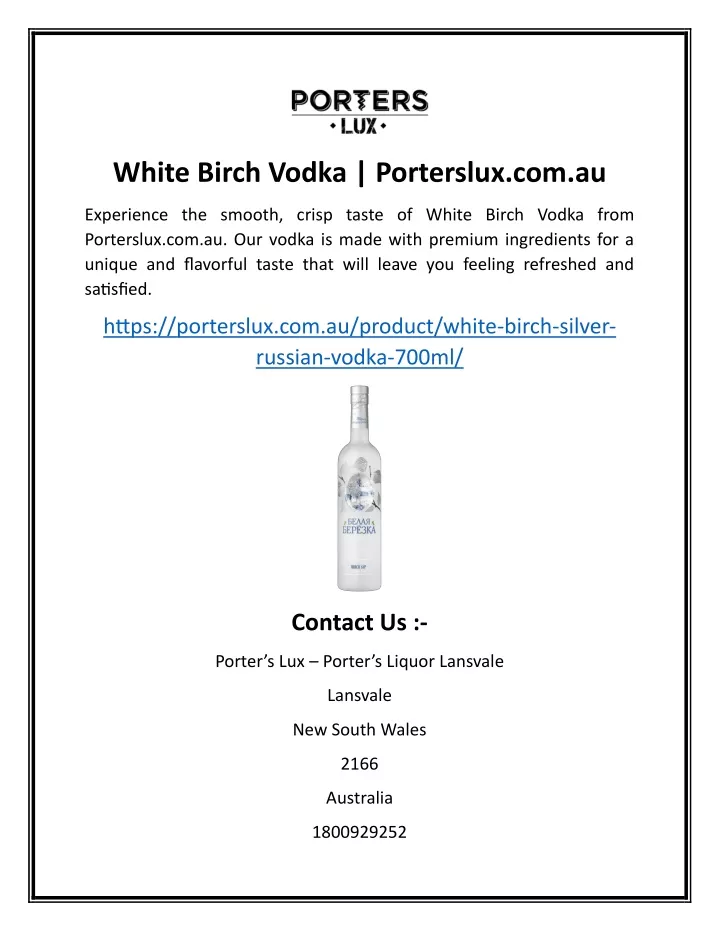 white birch vodka porterslux com au