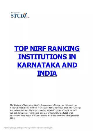 List of Top NIRF Ranking Institutions in Karnataka and India