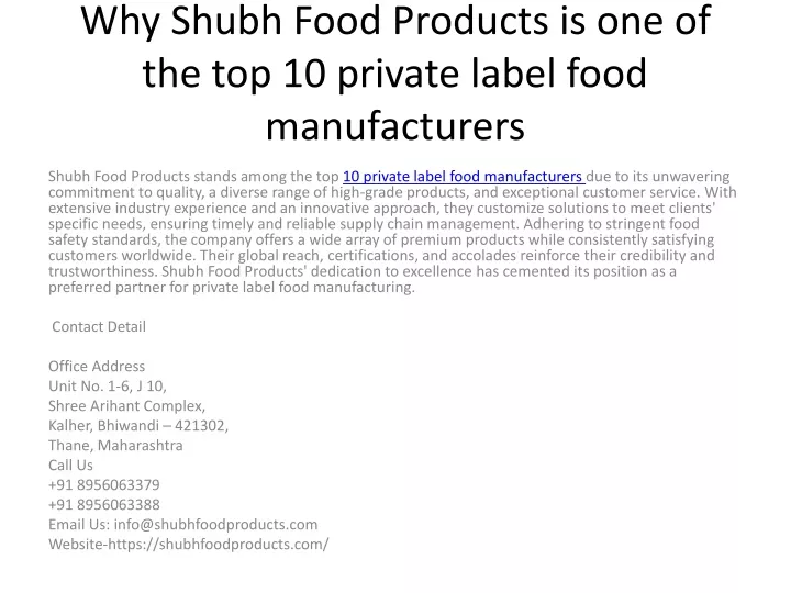 why shubh food products is one of the top 10 private label food manufacturers