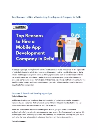 Top Reasons to Hire a Mobile App Development Company in Delhi