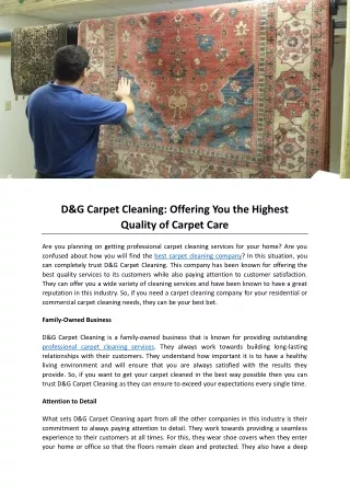 D&G Carpet Cleaning: Offering You the Highest Quality of Carpet Care