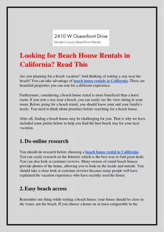 Looking for Beach House Rentals in California Read This