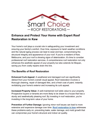 Enhance and Protect Your Home with Expert Roof Restoration in Kew