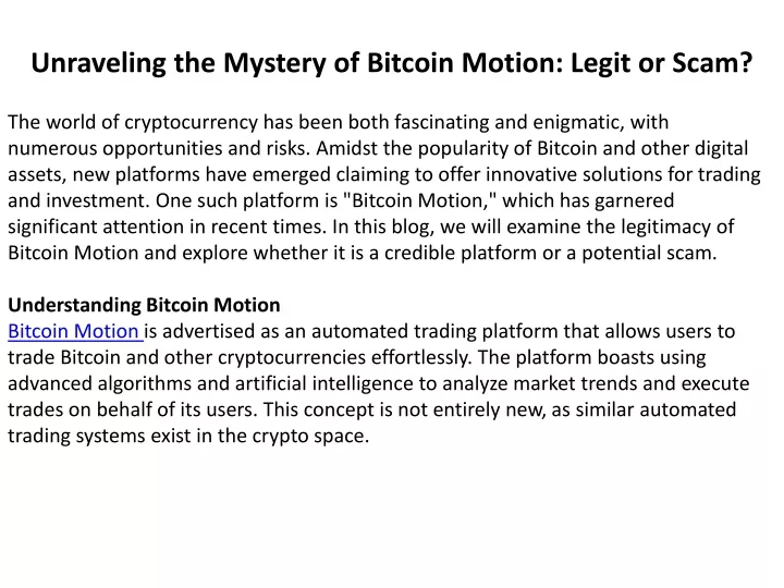 unraveling the mystery of bitcoin motion legit or scam