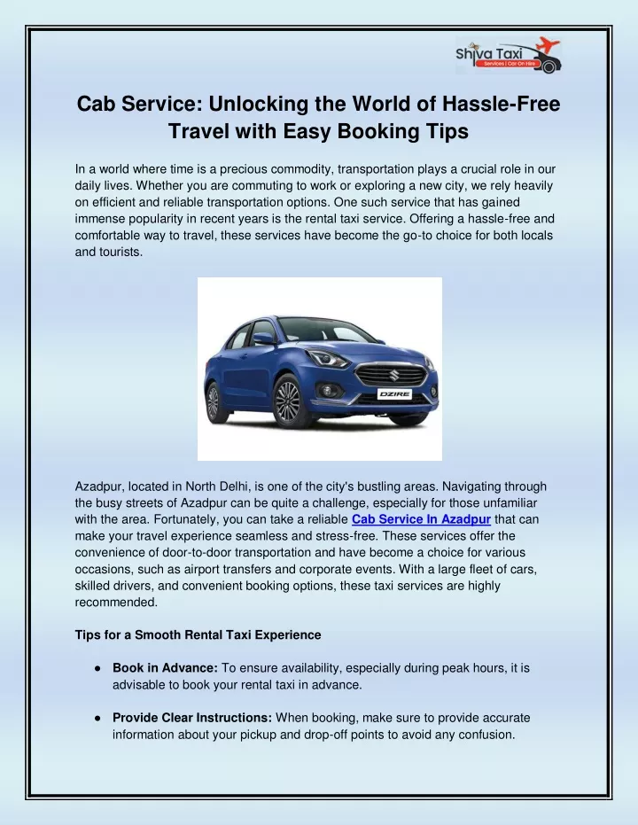 cab service unlocking the world of hassle free