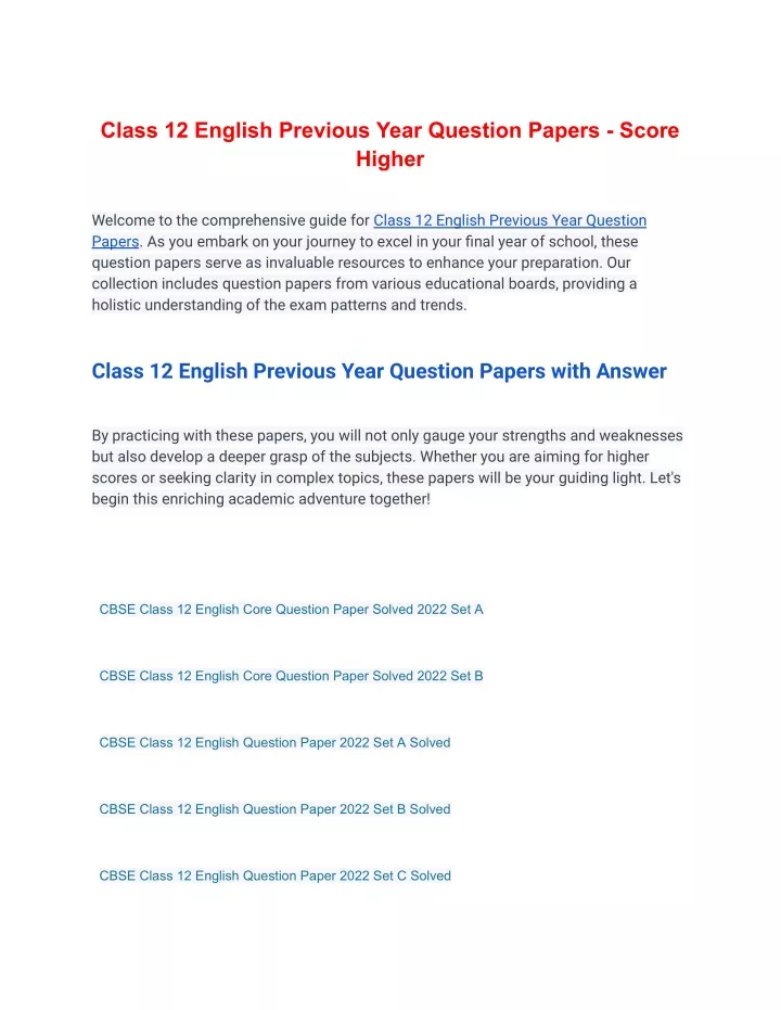 class 12 english previous year question papers