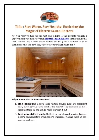 Stay Warm, Stay Healthy: Exploring the Magic of Electric Sauna Heaters