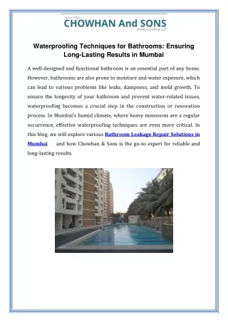 Waterproofing Techniques for Bathrooms Ensuring Long Lasting Results in Mumbai