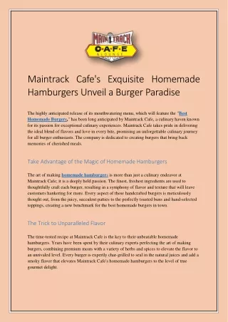Maintrack Cafe's Exquisite Homemade Hamburgers Unveil a Burger Paradise