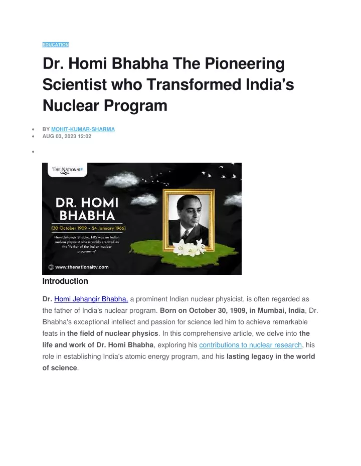 education dr homi bhabha the pioneering scientist