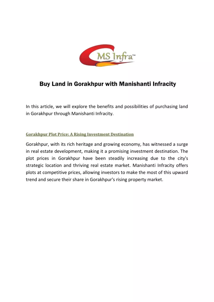 buy land in gorakhpur with manishanti infracity