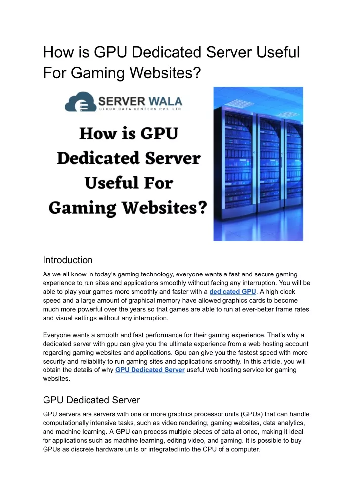 how is gpu dedicated server useful for gaming