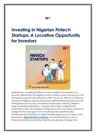 Investing in Nigerian Fintech Startups - A Lucrative Opportunity for Investors