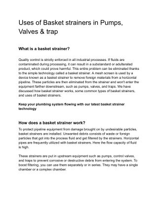 Uses of Basket strainers in Pumps, Valves & trap