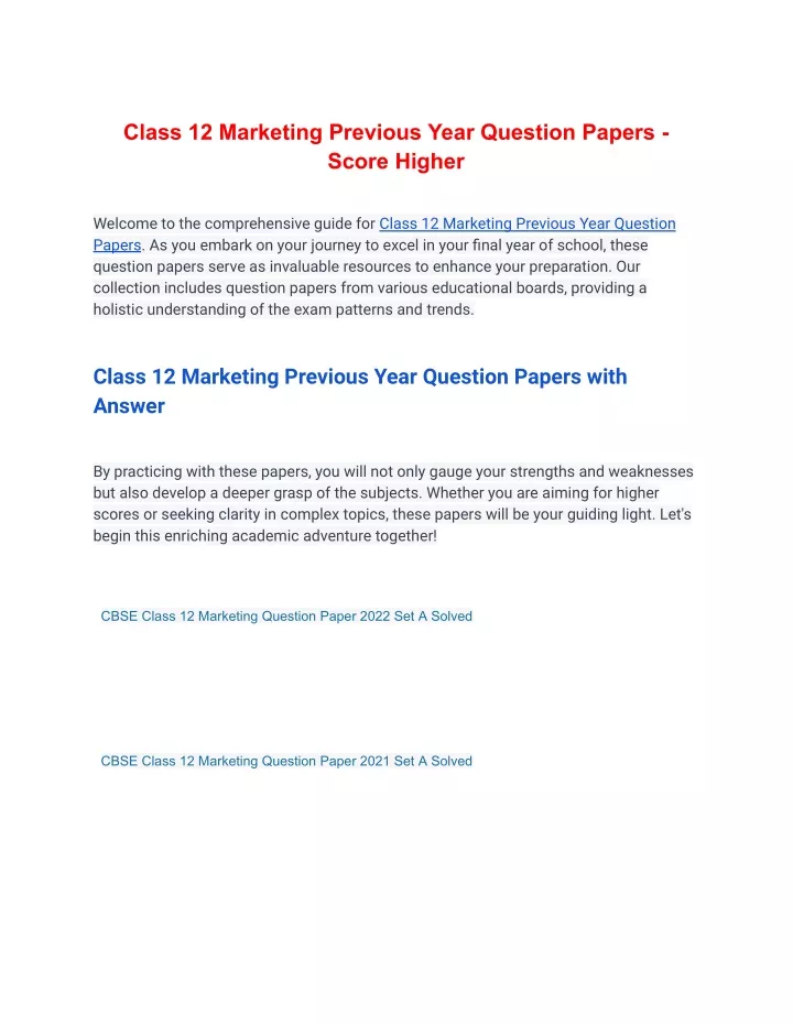 class 12 marketing previous year question papers