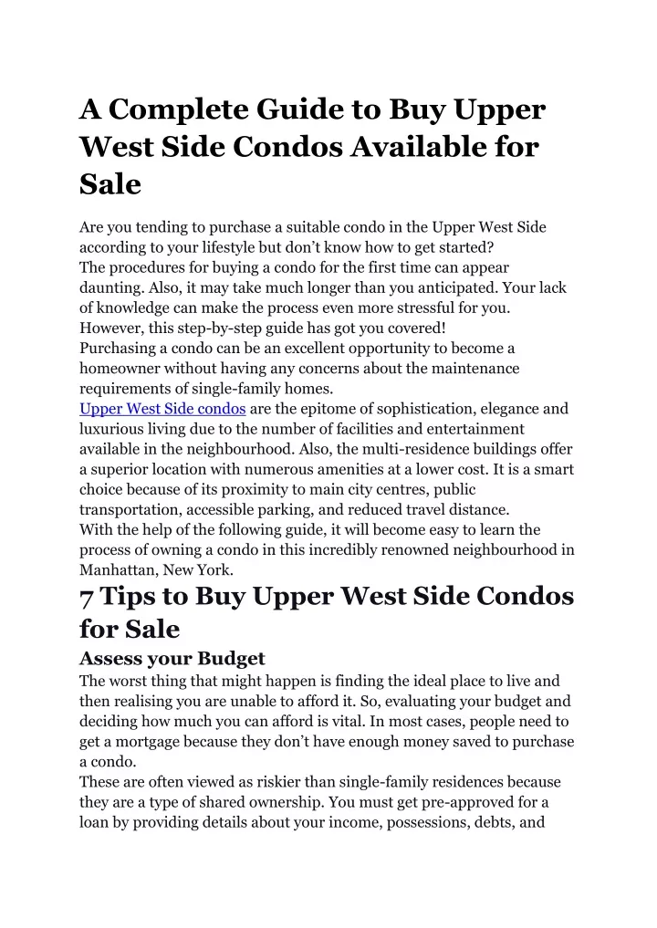 a complete guide to buy upper west side condos