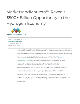 MarketsandMarkets™ Reveals $500  Billion Opportunity in the Hydrogen Economy