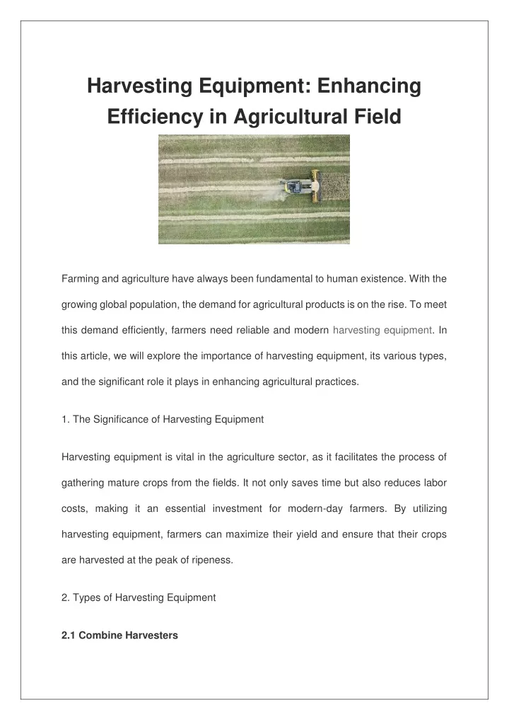 harvesting equipment enhancing efficiency