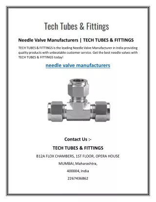 Needle Valve Manufacturers TECH TUBES & FITTINGS