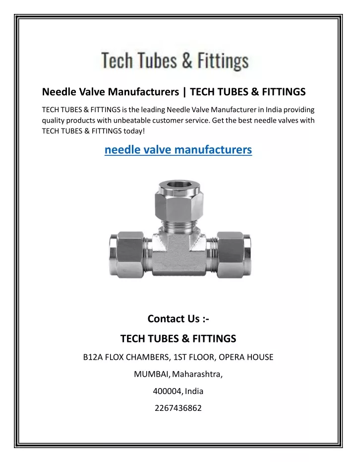 needle valve manufacturers tech tubes fittings