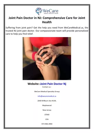 Joint Pain Doctor in NJ Comprehensive Care for Joint Health