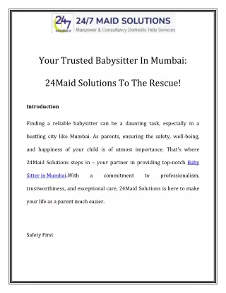 Baby Sitter in Mumbai Call-8291138009