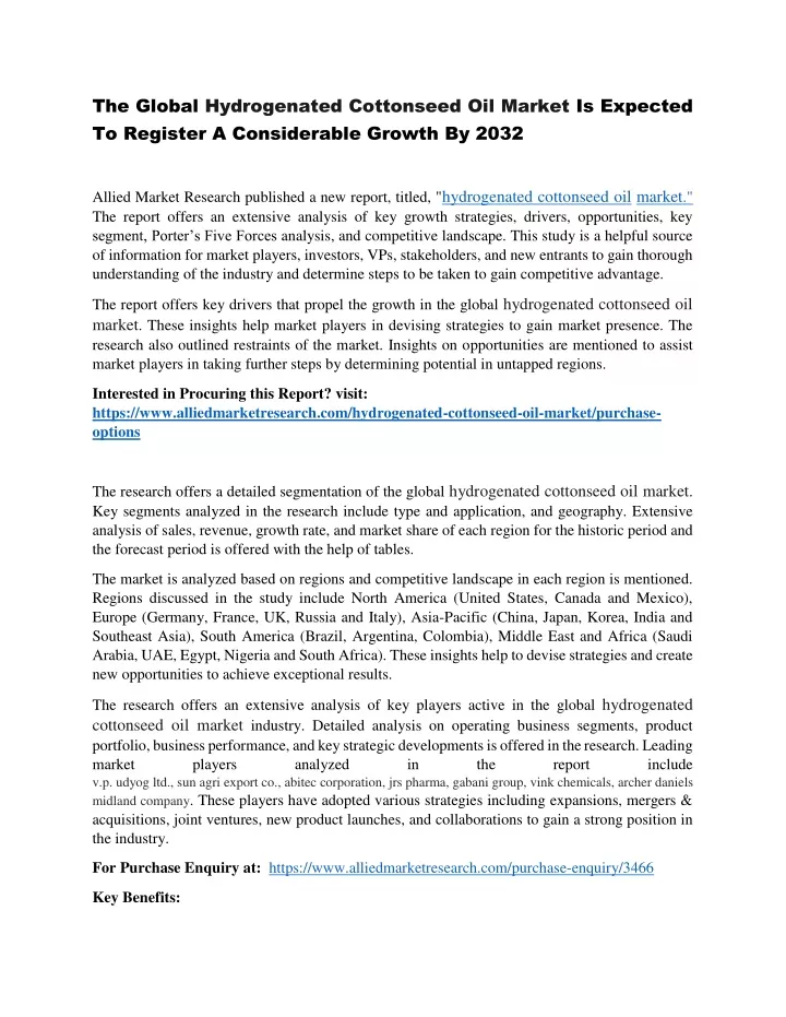 the global hydrogenated cottonseed oil market