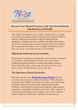 Elevate Your Dental Practice with Top-Notch Dental Lab Services in Florida