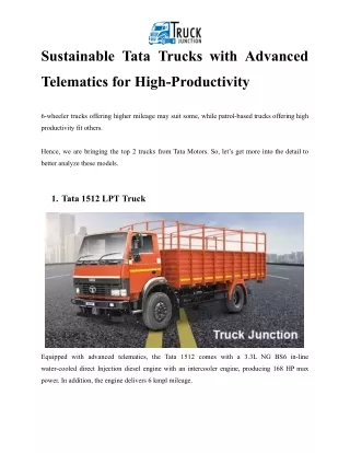 Sustainable Tata Trucks with Advanced Telematics for High-Productivity