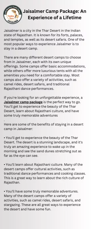 Jaisalmer Camp Package An Experience of a Lifetime