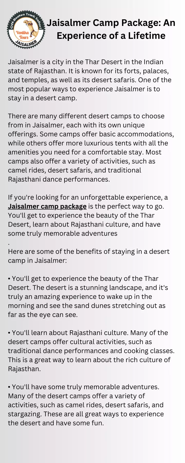 jaisalmer camp package an experience of a lifetime