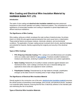 Wire Coating and Electrical Wire Insulation Material by HARMAN BAWA PVT